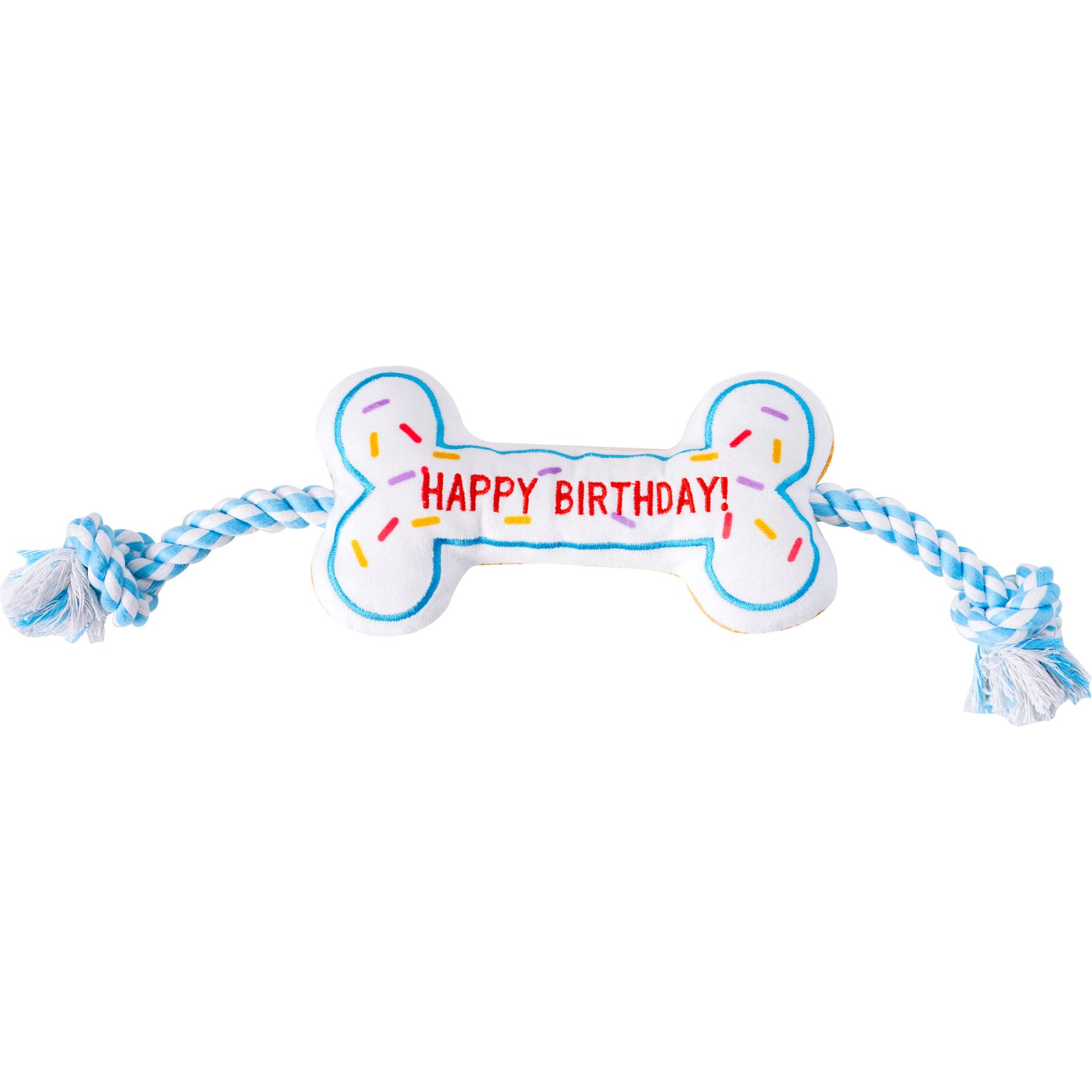 PAWTY TOYS Birthday Bone Tug Rope Squeaky Plush Dog Toy, White/Blue