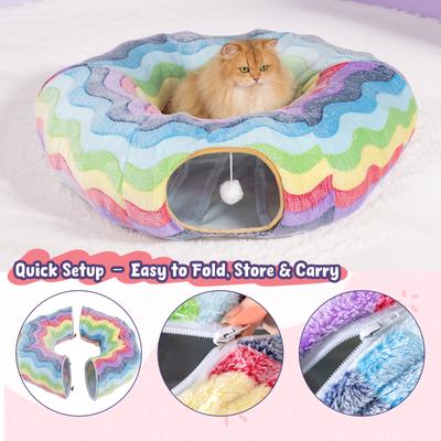 Show full view: Happy & Polly Rainbow Striped Orthopedic Bolster Cat Bed with Circle Tunnel slide 7 of 9