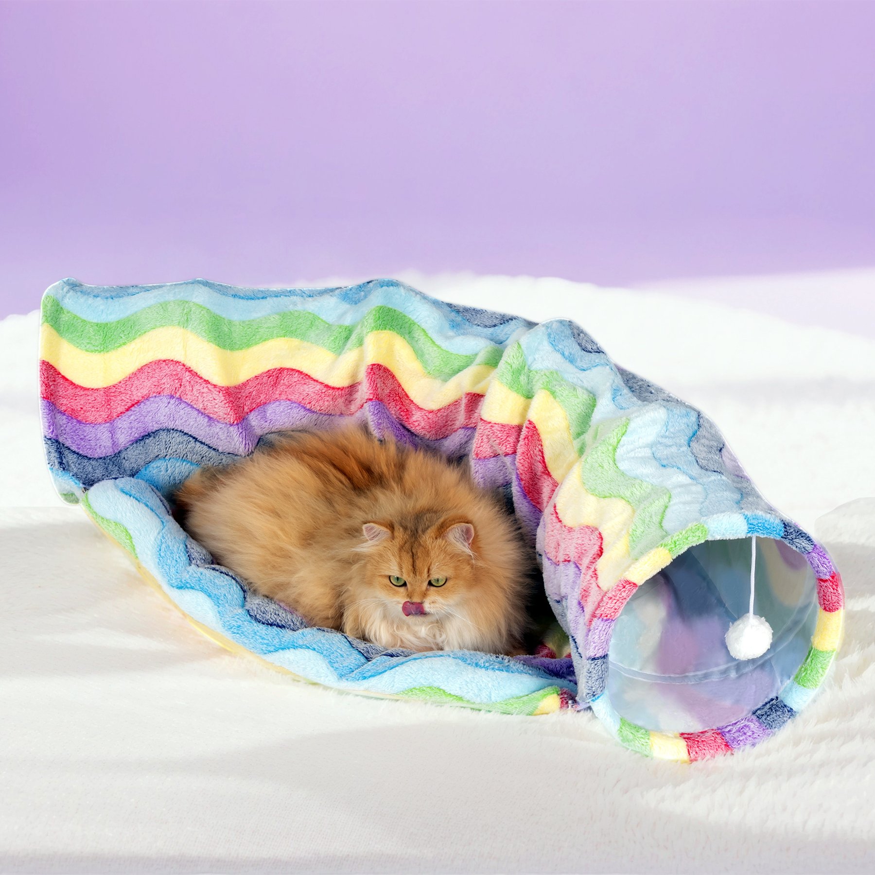 Happy & Polly Orthopedic Bolster Cat Bed with Semicircle Tunnel, Rainbow Striped