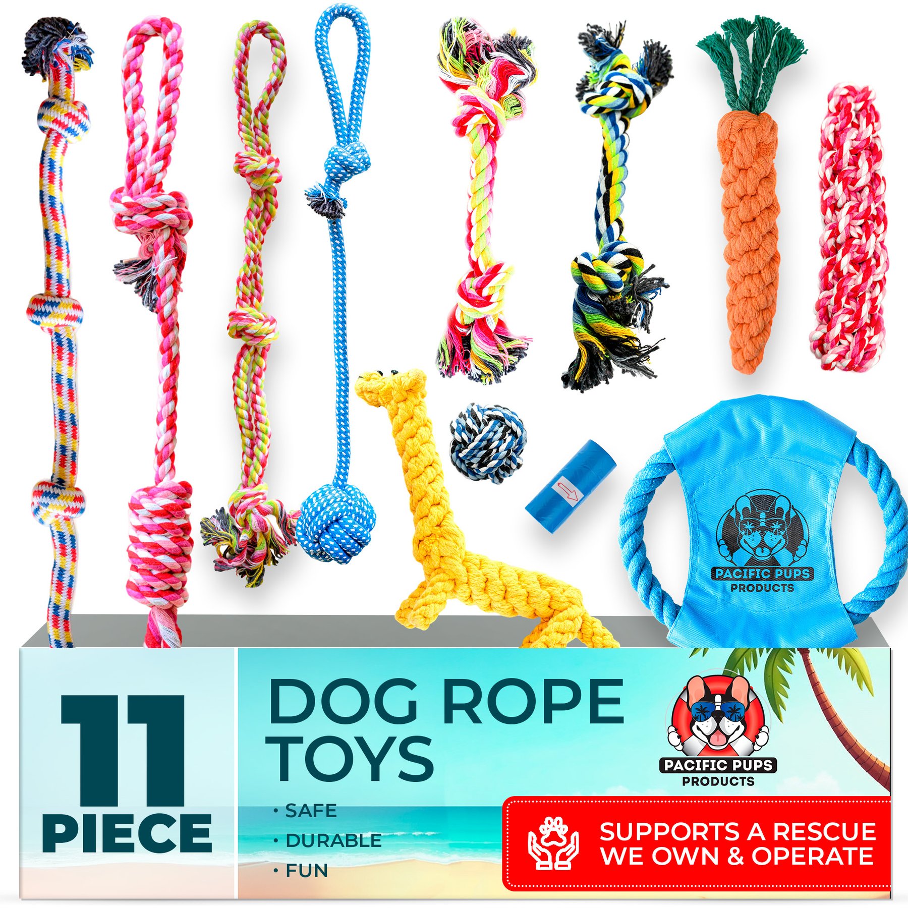 Pacific Pups Rescue Assorted Rope Dog Toys, 11 count