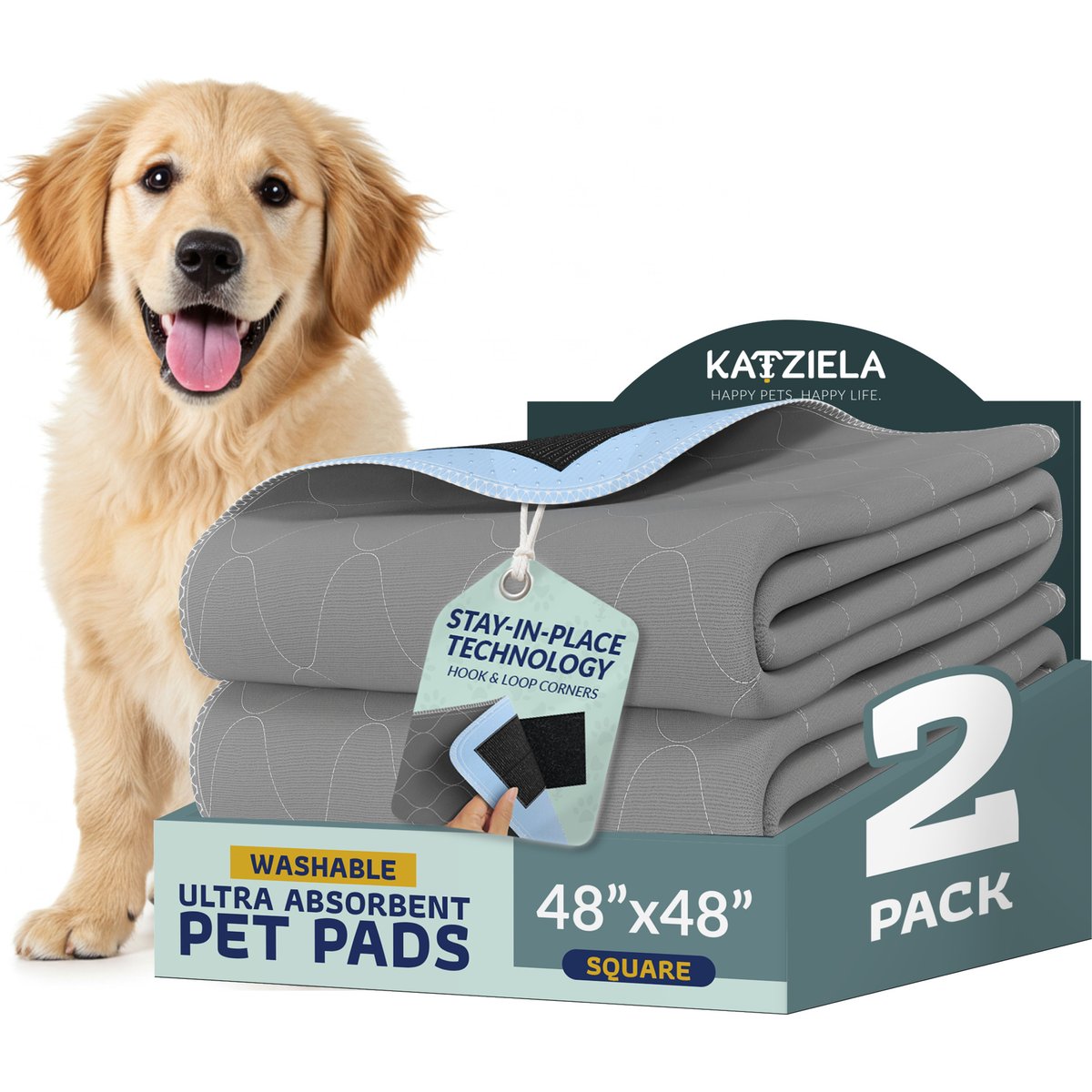 Katziela Ultra Strong Grip Washable Dog Pee Pads, 48 x 48-in, 2 count