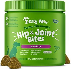 Zesty Paws Hemp Elements Hip & Joint Bites Chicken Flavored Soft Chews Glucosamine Supplement for Dogs, 90 count