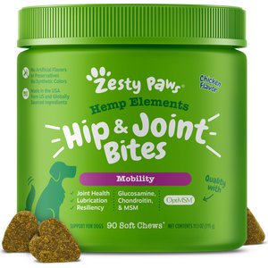 Zesty Paws Hemp Elements Hip & Joint Bites Chicken Flavored Soft Chews Glucosamine Supplement for Dogs, 90 count