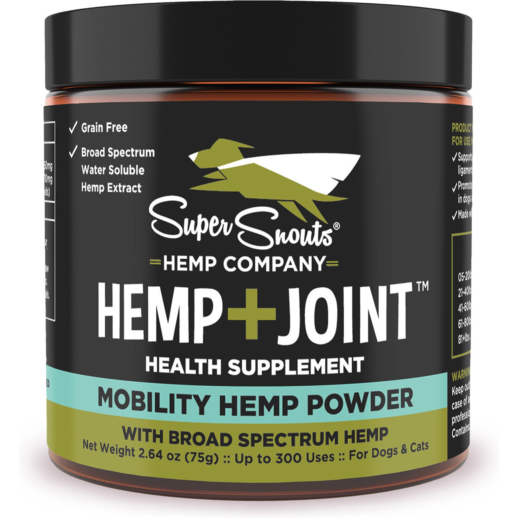 Super Snouts Hemp + Joint Mobility Broad Spectrum Hemp Extract Powder Supplement for Dogs & Cats, 2.64-oz jar