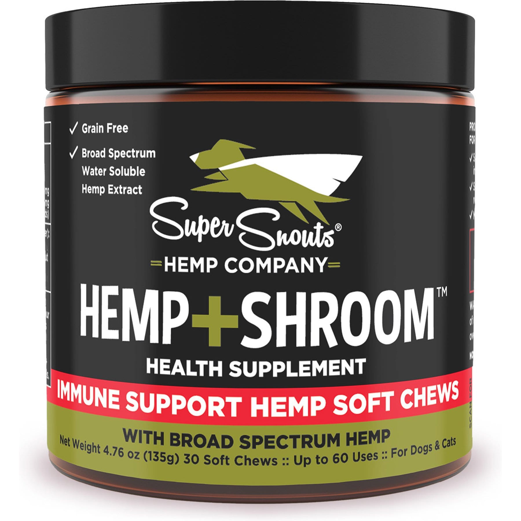Super Snouts Hemp + Shroom Immunity Soft Chews Broad Spectrum Hemp Extract Supplement for Dogs & Cats, 30 count