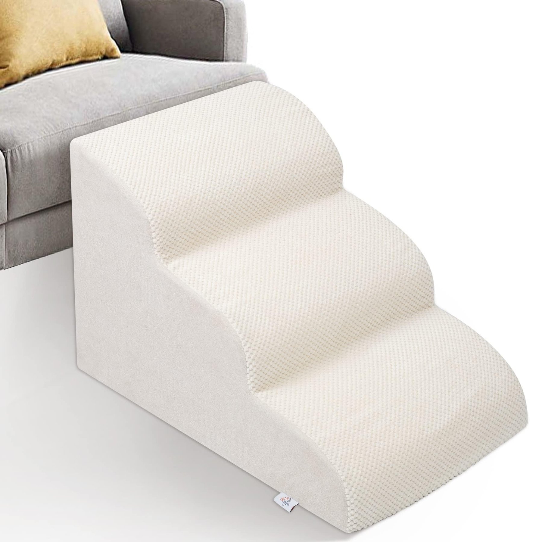 Niubya High Density Foam Extra Wide Non-Slip Bottom High Bed, Couch & Sofa Dog Stairs, White, 3 steps