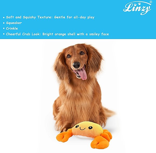 Show full view: Linzy Toys Crab Squeaky Plush Dog Toy, Orange, 10-in slide 4 of 5