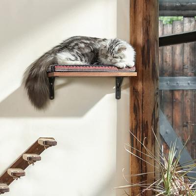 Show full view: FUKUMARU Walnut Perch with Cushion & Wall Mounted Cat Wall Shelf, Retro Brown slide 5 of 8