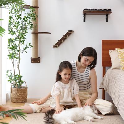 Show full view: FUKUMARU Walnut Perch with Cushion & Wall Mounted Cat Wall Shelf, Retro Brown slide 6 of 8