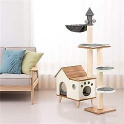 Happy & Polly 33.9-in Fleece Natural Wooden House Cat Tree & Condo slide 2 of 9