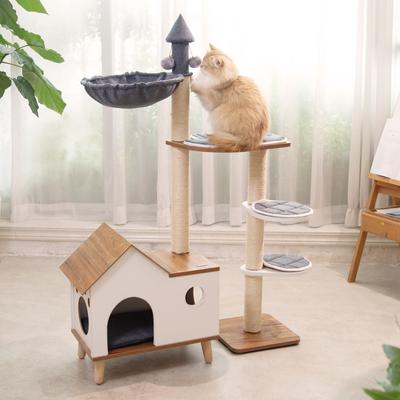 Show full view: Happy & Polly 33.9-in Fleece Natural Wooden House Cat Tree & Condo slide 8 of 10