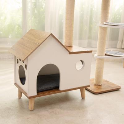 Show full view: Happy & Polly 33.9-in Fleece Natural Wooden House Cat Tree & Condo slide 4 of 10