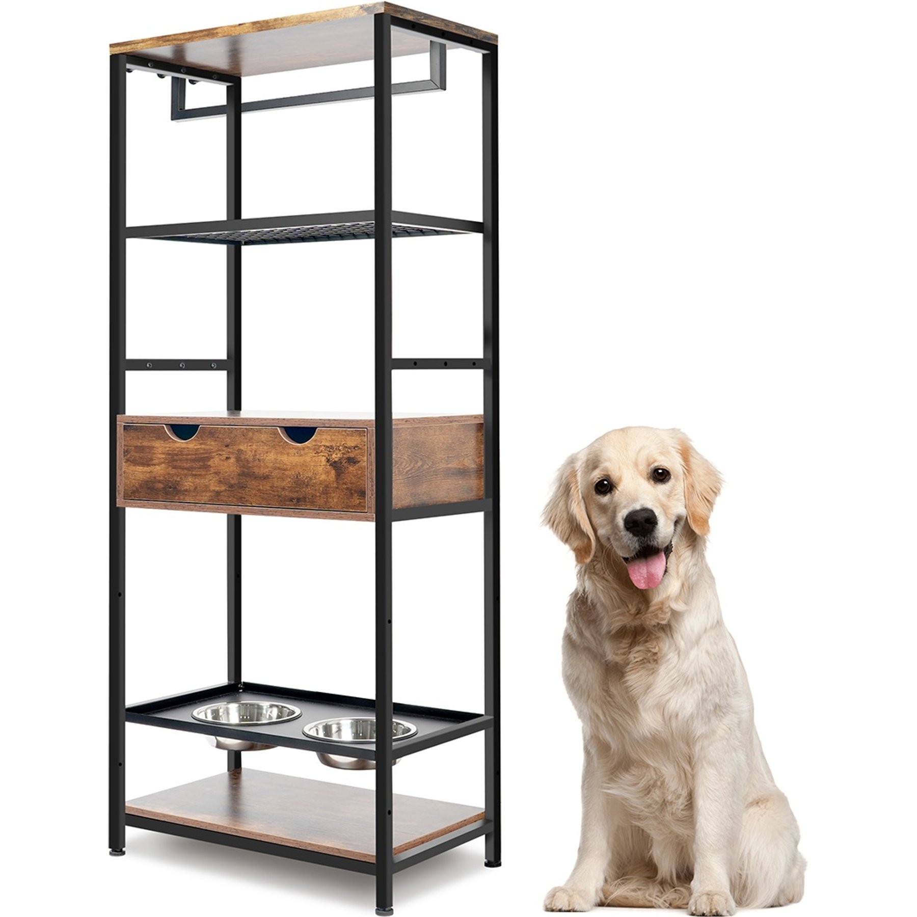 Yafylly 3 Height Adjustable Feeding Station Elevated Dog Bowls, Brown