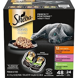 Sheba Perfect Portions Grain-Free Roasted Chicken, Gourmet Salmon & Tender Turkey Cuts in Gravy Variety Pack Adult Wet Cat Food Trays, 1.3-oz, case of 24 twin-packs