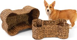 THE LICKER STORE Digby Bone-Shaped Large Hand Woven Water Hyacinth Dog Toy Organizer Baskets, Brown, 2 count