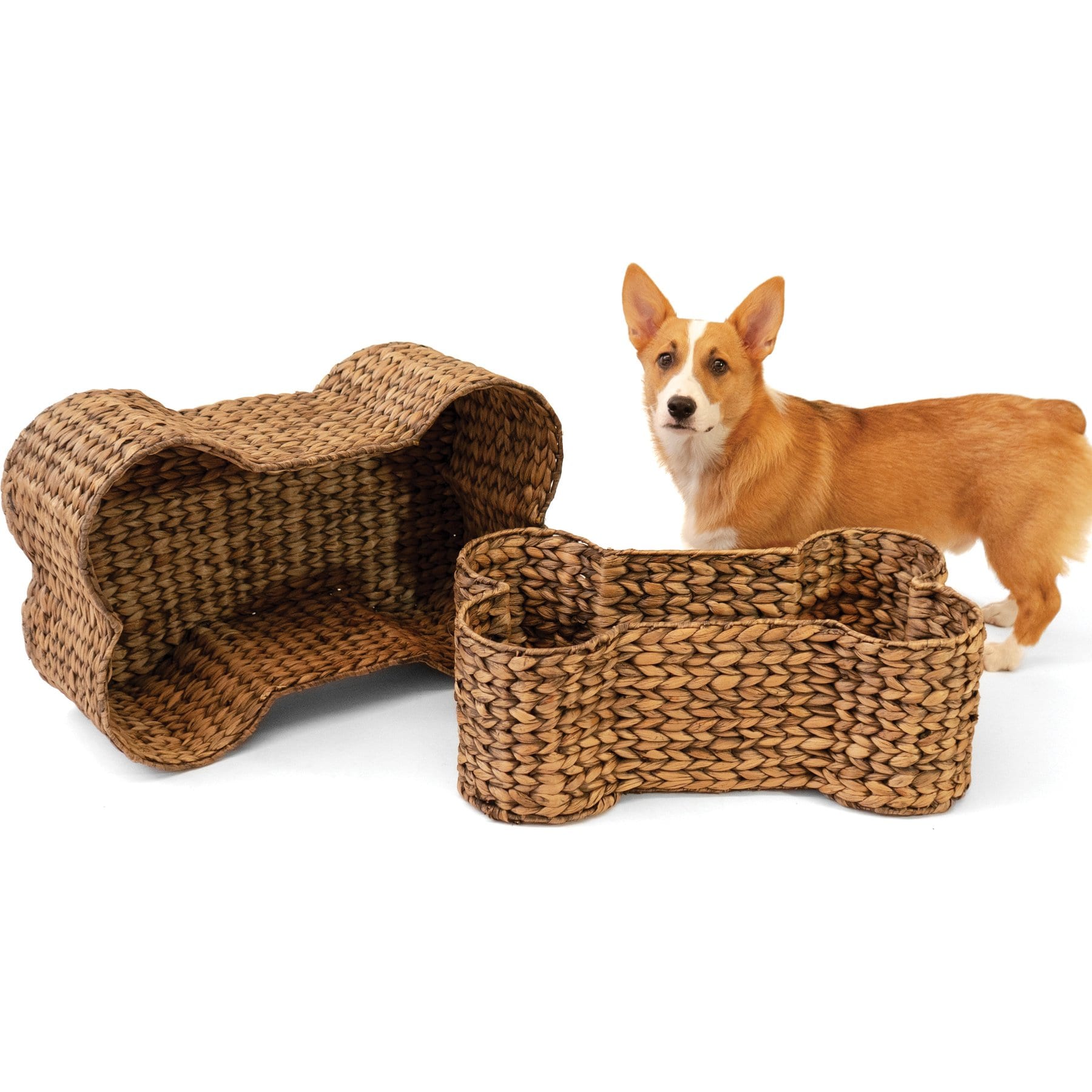 THE LICKER STORE Digby Bone-Shaped Large Hand Woven Water Hyacinth Dog Toy Organizer Baskets, Brown, 2 count