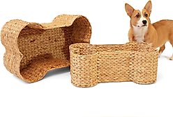THE LICKER STORE Digby Bone-Shaped Large Hand Woven Water Hyacinth Dog Toy Organizer Baskets, Natural, 2 count