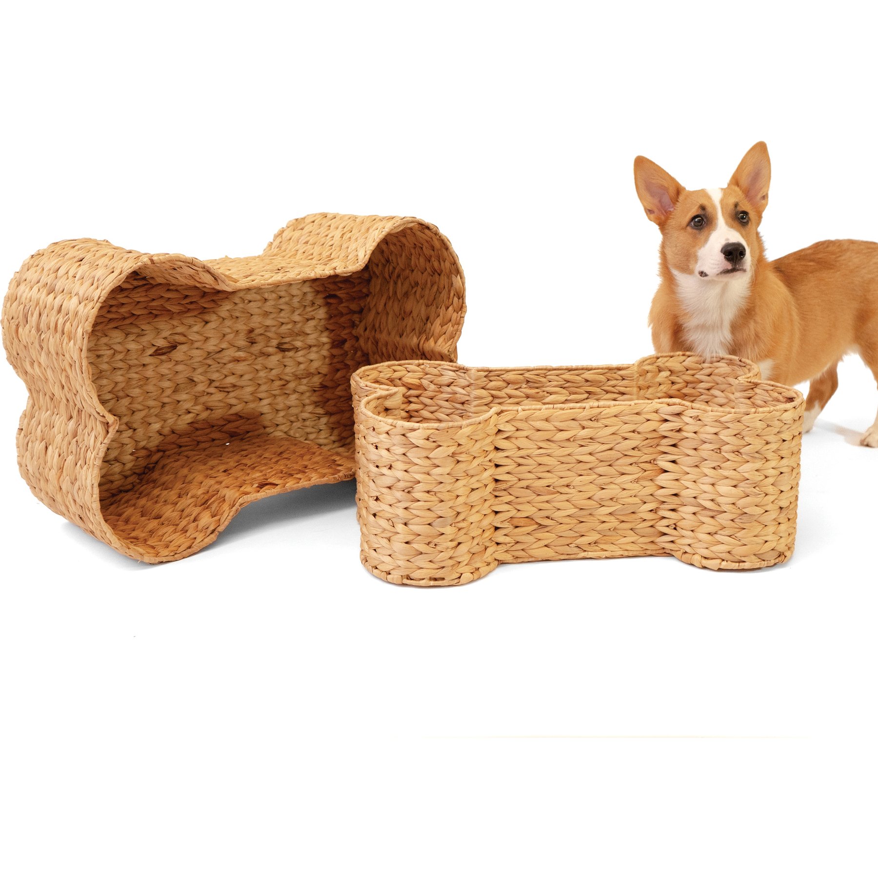 THE LICKER STORE Digby Bone-Shaped Large Hand Woven Water Hyacinth Dog Toy Organizer Baskets, Natural, 2 count