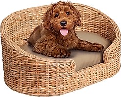 THE LICKER STORE Curvy Classic Handwoven Rattan Pet Bed with Machine-Washable Cushion, Light Brown, 33 x 21.25-in