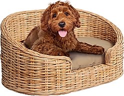 THE LICKER STORE Curvy Classic Handwoven Rattan Dog Bed with Machine-Washable Cushion, Light Brown, 28.5 x 17.25-in