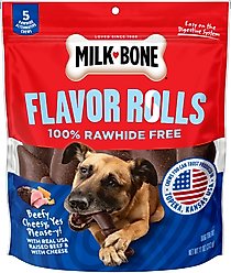 Milk-Bone Flavor Rolls Beefy Cheesy, Yes Please-y! Rawhide Free with Beef Dog Chew Treats, 5 count