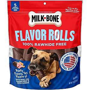 Milk-Bone Flavor Rolls Beefy Cheesy, Yes Please-y! Rawhide Free with Beef Dog Chew Treats, 5 count
