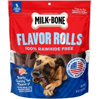 Milk-Bone Milk-Bone Flavor Rolls Beefy Cheesy, Yes Please-y! Rawhide Free with Beef Dog Chew Treats, 5 count