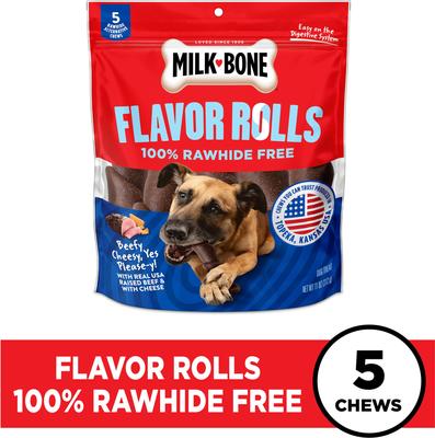 Show full view: Milk-Bone Flavor Rolls Beefy Cheesy, Yes Please-y! Rawhide Free with Beef Dog Chew Treats, 5 count slide 3 of 10
