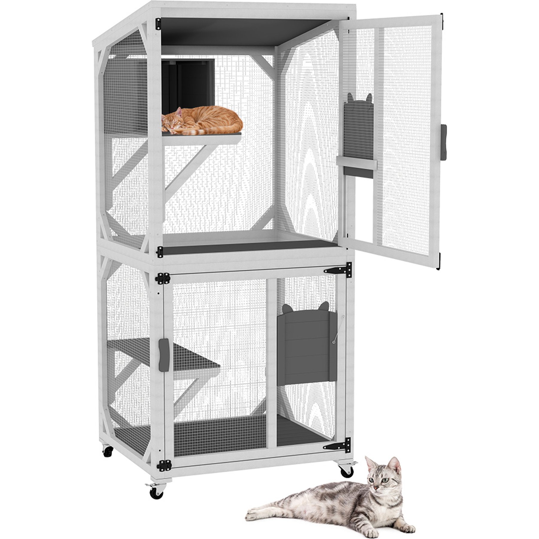 Yafylly Catio Wooden Outdoor Wheeled Cat House, Medium, Gray