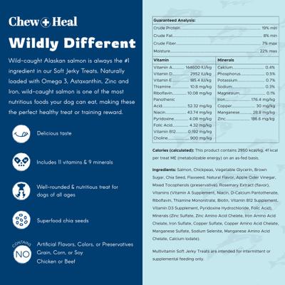 Show full view: Chew + Heal Limited Ingredient Wild Alaskan Salmon Multivitamin Soft Jerky Dog Treats, 5-oz bag slide 7 of 11