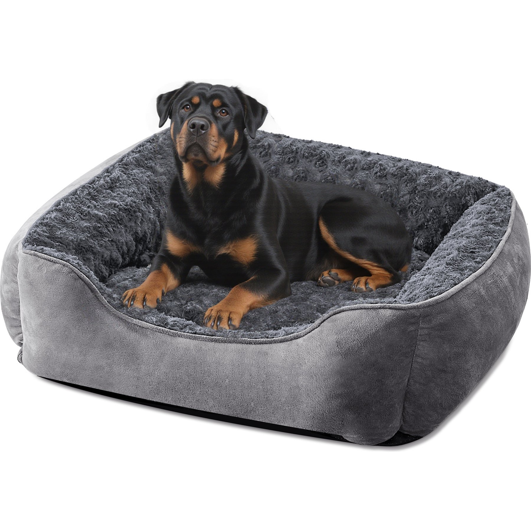 Invenho Square Bolster Dog Bed with Anti-Slip Bottom & Washable Calming Soft Bed, Grey, XX-Large: 42 x 30 x 10-in