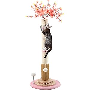 KZLAA Self Groomer Brush 45-in Sherpa Cat Scratching Post with Interactive Ball Toy, Pink