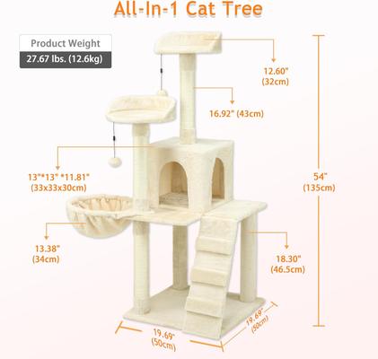 Show full view: KZLAA 54-in Sherpa Furniture Scratch Post Cat Tree & Condo with Natural Sisal Rope, Hammock & Cradle, Beige slide 4 of 6