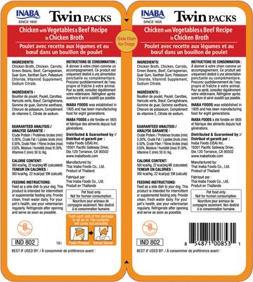Show full view: Inaba Twin Packs Chicken with Vegetables & Beef Recipe with Chicken Broth Grain-Free Dog Food Topper, 1.4-oz pouch, 16 count slide 3 of 6