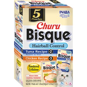 Inaba Churu Bisque Indoor Care Tuna & Chicken Recipe Creamy Puree Grain-Free Lickable Cat Treats, 1.05-oz pouch, 15 count