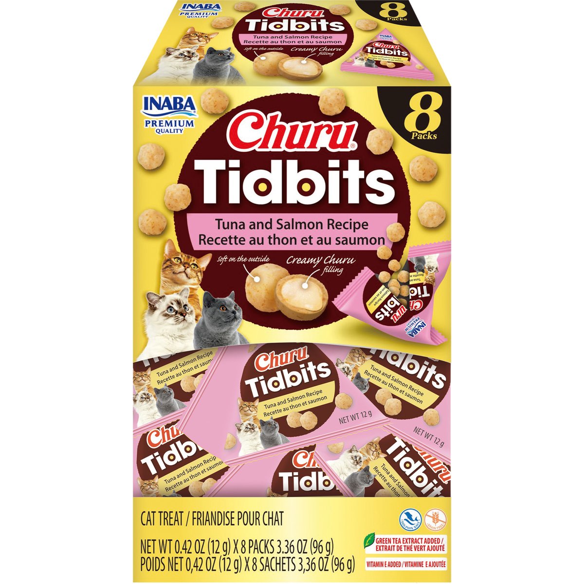 Inaba Churu Tidbits Tuna & Salmon Recipe Grain-Free Cat Treats, 0.42-oz tube, 8 count