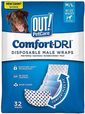 Show full view: OUT! Disposable Male Wraps, Medium/Large, 32 count + Fruitables Pumpkin & Blueberry Flavor Crunchy Dog Treats, 7-oz bag slide 6 of 10