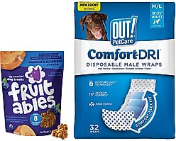 OUT! Disposable Male Wraps, Medium/Large, 32 count + Fruitables Pumpkin & Blueberry Flavor Crunchy Dog Treats, 7-oz bag