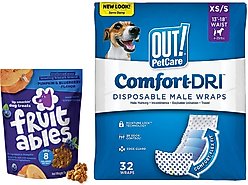 OUT! Disposable Male Wraps, Extra Small/Small, 32 count + Fruitables Pumpkin & Blueberry Flavor Crunchy Dog Treats, 7-oz bag