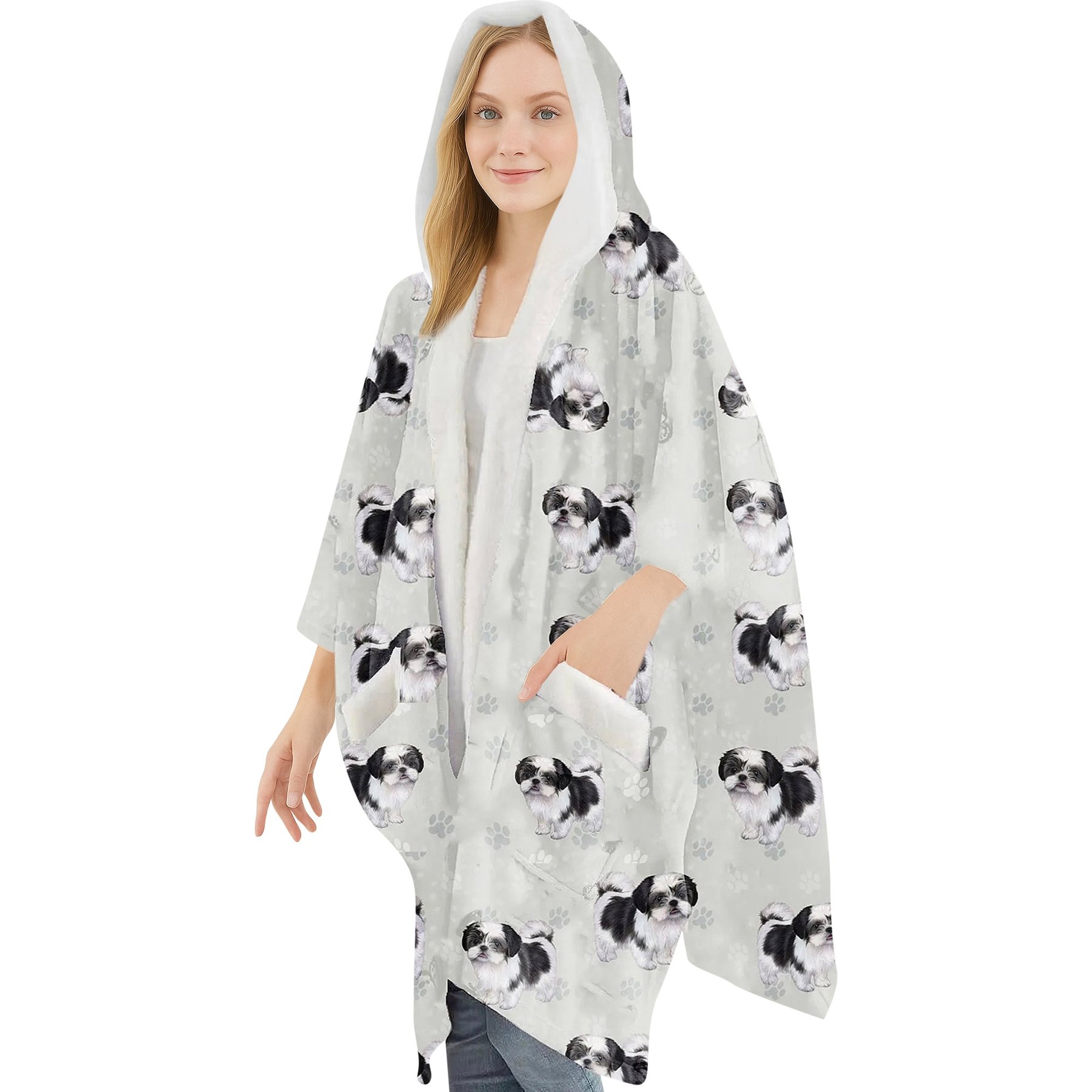 E&S PETS Shih Tzu Snugg Wrap Blanket Hoodie, Gray