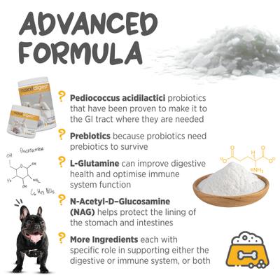 Show full view: maxxipaws maxxidigest+ Advanced Immune Support Prebiotic & Probiotic Powder Digestive Aid Supplement for Dogs, 7-oz jar slide 7 of 10