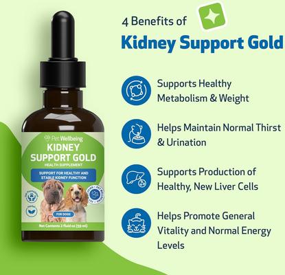 Show full view: Pet Wellbeing Kidney Support GOLD Bacon Flavored Liquid Kidney Supplement for Dogs, 2-oz bottle slide 4 of 9