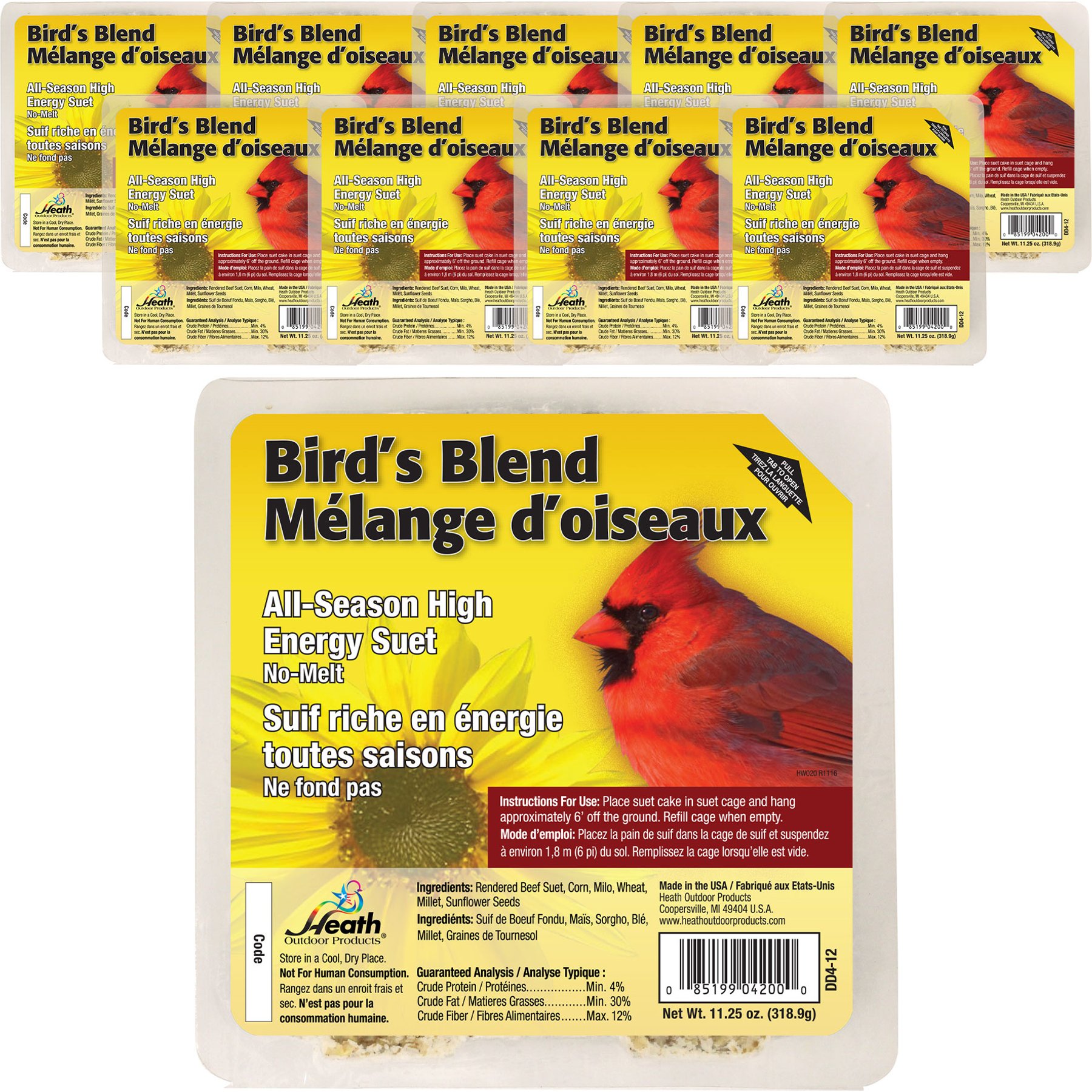 Heath Outdoor Products All Season High Energy Suet Cake Songbird Food, 11.25-oz tray, case of 10