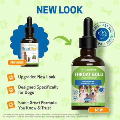Show full view: Pet Wellbeing Throat Gold Bacon Flavored Liquid Respiratory Supplement for Dogs & Cats, 2-oz bottle, Green slide 3 of 10