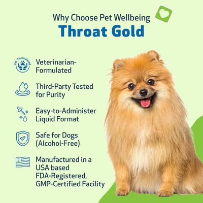 Show full view: Pet Wellbeing Throat Gold Bacon Flavored Liquid Respiratory Supplement for Dogs & Cats, 2-oz bottle, Green slide 4 of 10