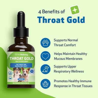 Show full view: Pet Wellbeing Throat Gold Bacon Flavored Liquid Respiratory Supplement for Dogs & Cats, 2-oz bottle, Green slide 5 of 10