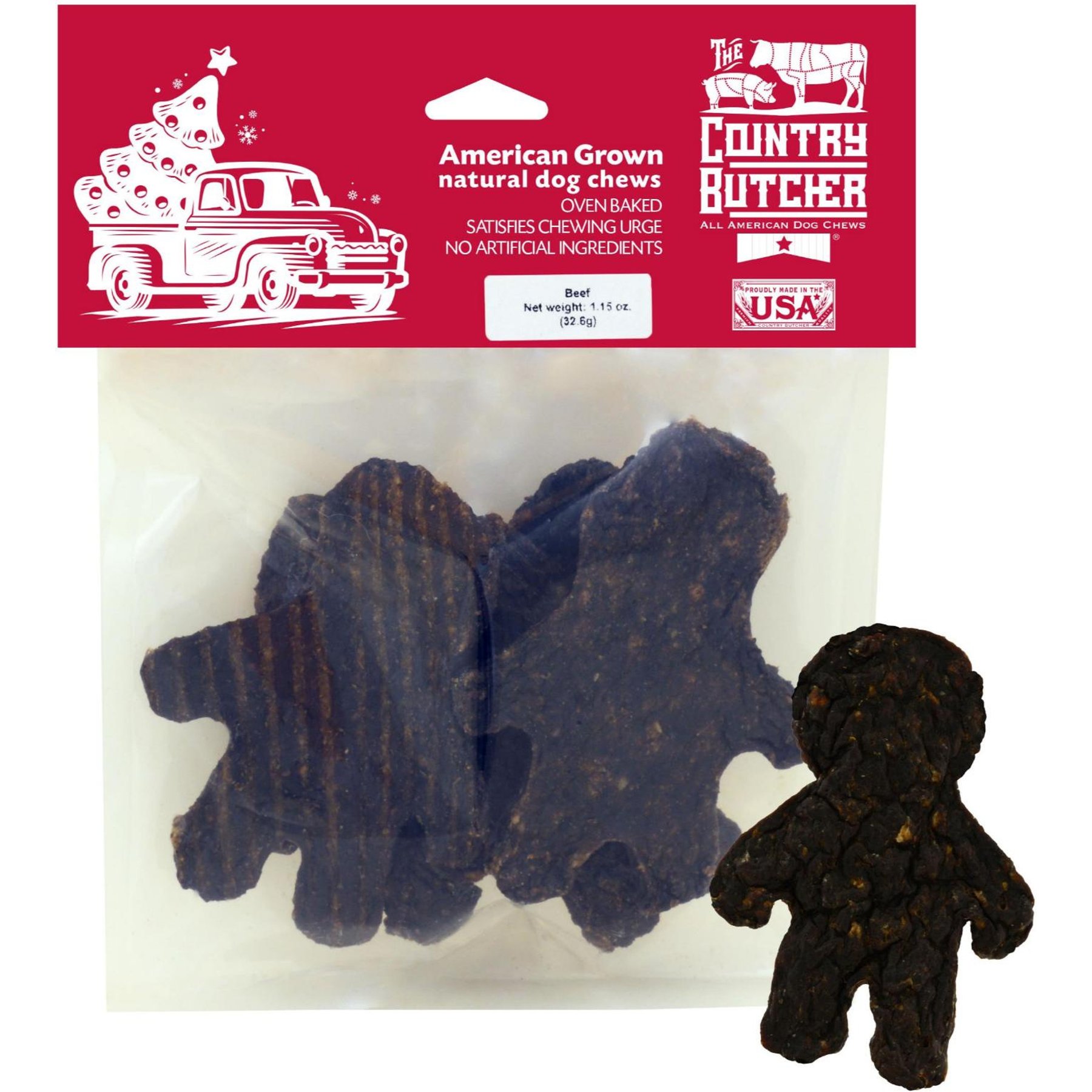 The Country Butcher Gingerbread Man Fun Shapes Beef Patty Dog Natural Chew Treat with Large Holiday Header, 1.15-oz bag, 5 count