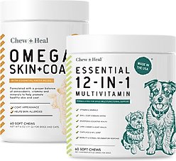 Chew + Heal Essential 12-In-1 Multifunctional Support Chews Dog Vitamin Supplement & Chew + Heal Omega Skin + Coat Chews Dog Vitamin Supplement, 120 count