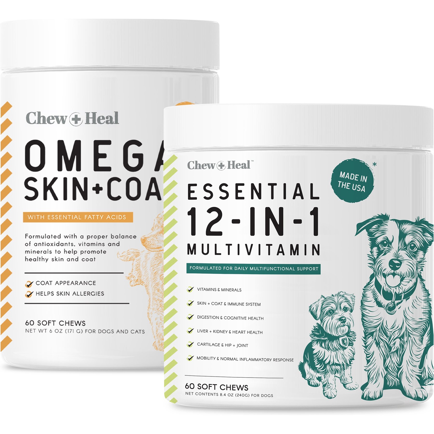 Chew + Heal Essential 12-In-1 Multifunctional Support Chews Dog Vitamin Supplement & Chew + Heal Omega Skin + Coat Chews Dog Vitamin Supplement, 120 count