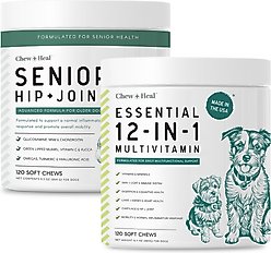 Chew + Heal Essential 12-in-1 Multifunctional Support Chews Dog Supplement & Chew + Heal Senior Hip + Joint Chews Dog Supplement, 240 count